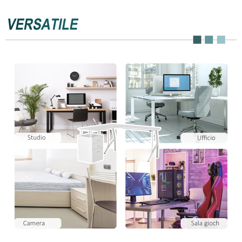 HOMCOM Scrivania Angolare con Cassettiera, Scrivania Ufficio Porta PC in Legno e Metallo, Bianco, 152x143.5x76cm