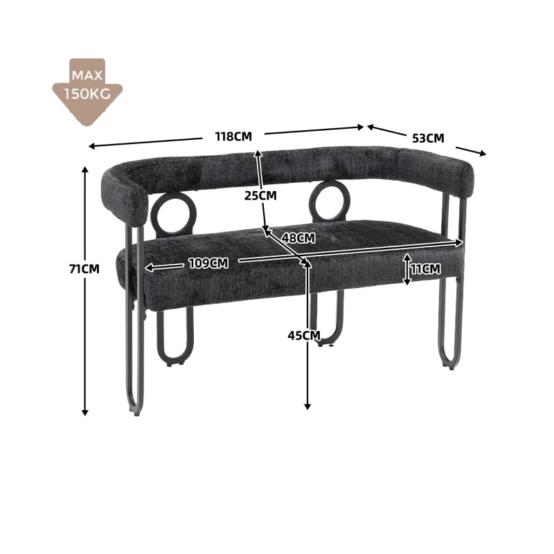 Divanetto con schienale arrotondato in Chenille, design moderno, Nero