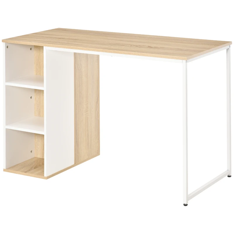 HOMCOM Bureau Informatique multimédia - dim. 115L x 55l x 75H cm - 3 étagères latérales - Panneaux Particules chêne Clair Blanc métal