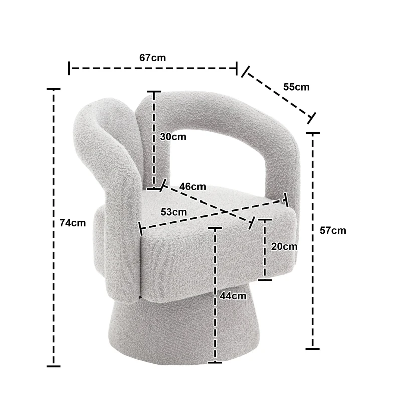 Drehbarer Bürostuhl mit Bouclé-Stoffbezug, stiefelförmiges Design für Wohnzimmer und Büro, Hellgrau