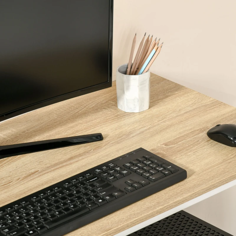 HOMCOM Bureau Informatique multimédia - dim. 115L x 55l x 75H cm - 3 étagères latérales - Panneaux Particules chêne Clair Blanc métal