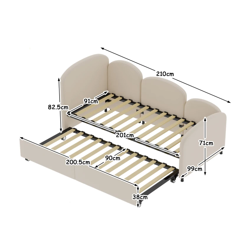 Divano Letto con cassetti, per camera da letto e soggiorno, 90x200 cm,senza materasso, Beige