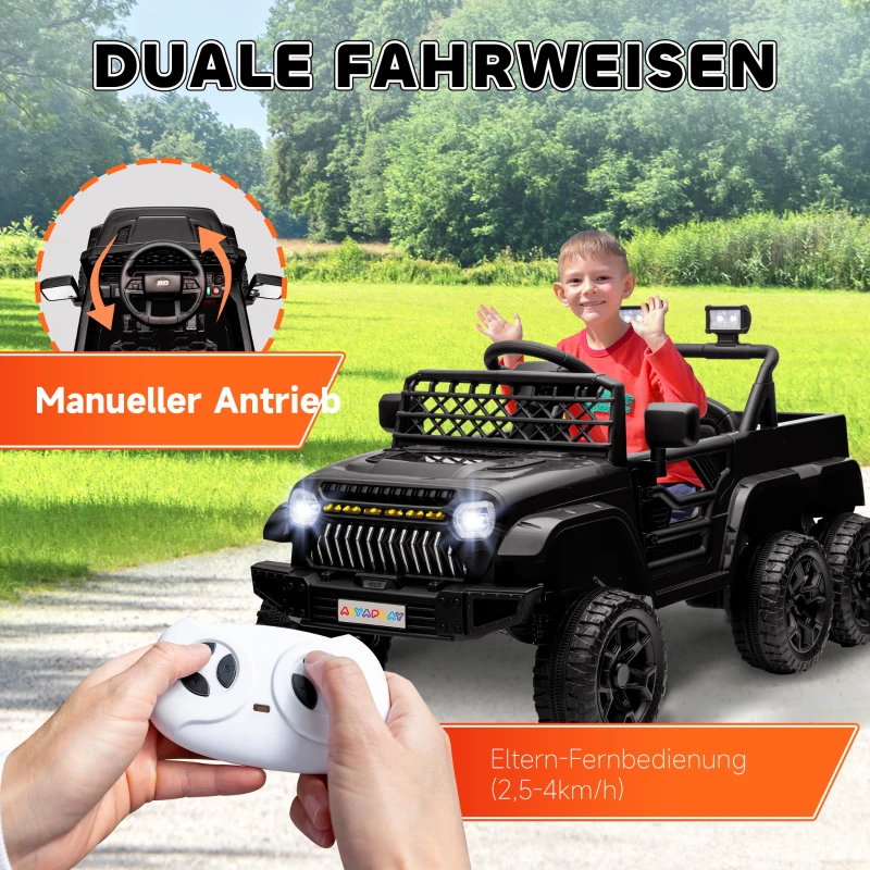 AIYAPLAY 12V Elektrisch Kindervoertuig met Aanhangwagen, LED-verlichting, Muziek en Claxon, voor Kinderen van 3-8 Jaar, Zwart(m-6)