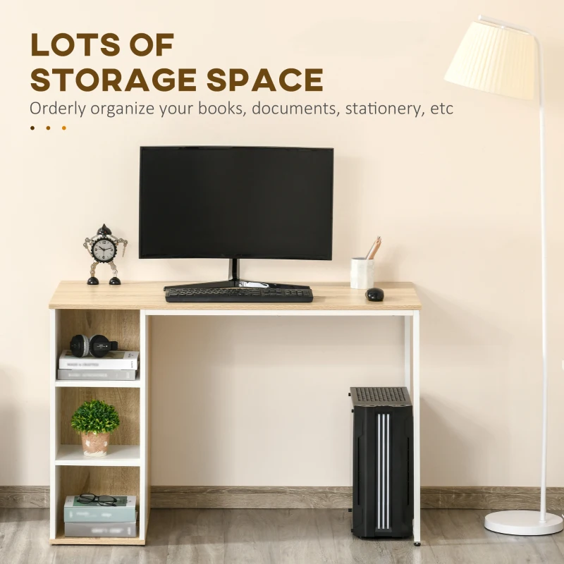 HOMCOM Computer Desk with 3-Tier Storage Shelves Writing Desk with Two Side Compartments for Home Office, Study, 115 x 55 x 75 cm, Oak Tone