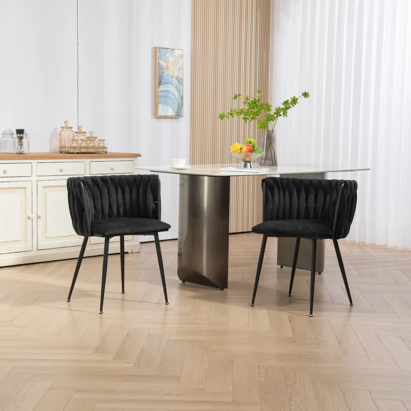 Set di 2 sedie da pranzo moderne in velluto, design intrecciato, Nero