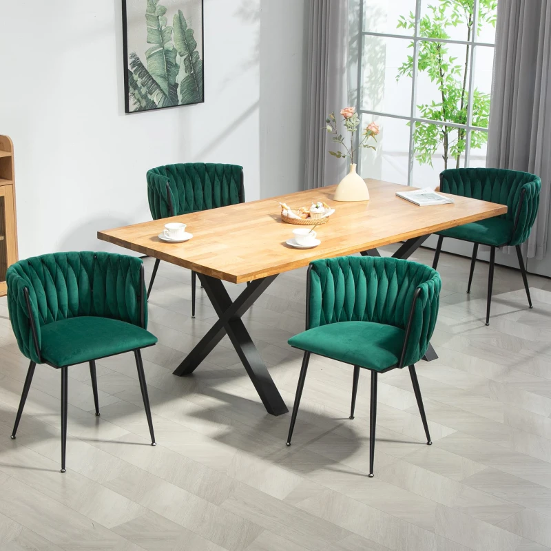 Set di 2 sedie da pranzo moderne in velluto, design intrecciato, Smeraldo