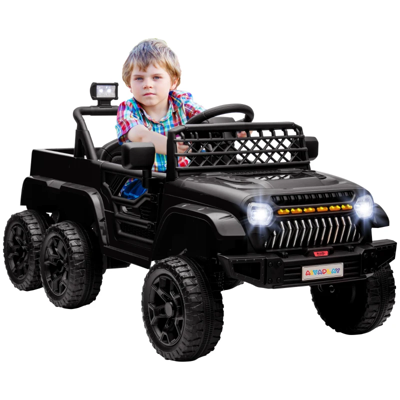 AIYAPLAY 12V Elektrisch Kindervoertuig met Aanhangwagen, LED-verlichting, Muziek en Claxon, voor Kinderen van 3-8 Jaar, Zwart(m-10)