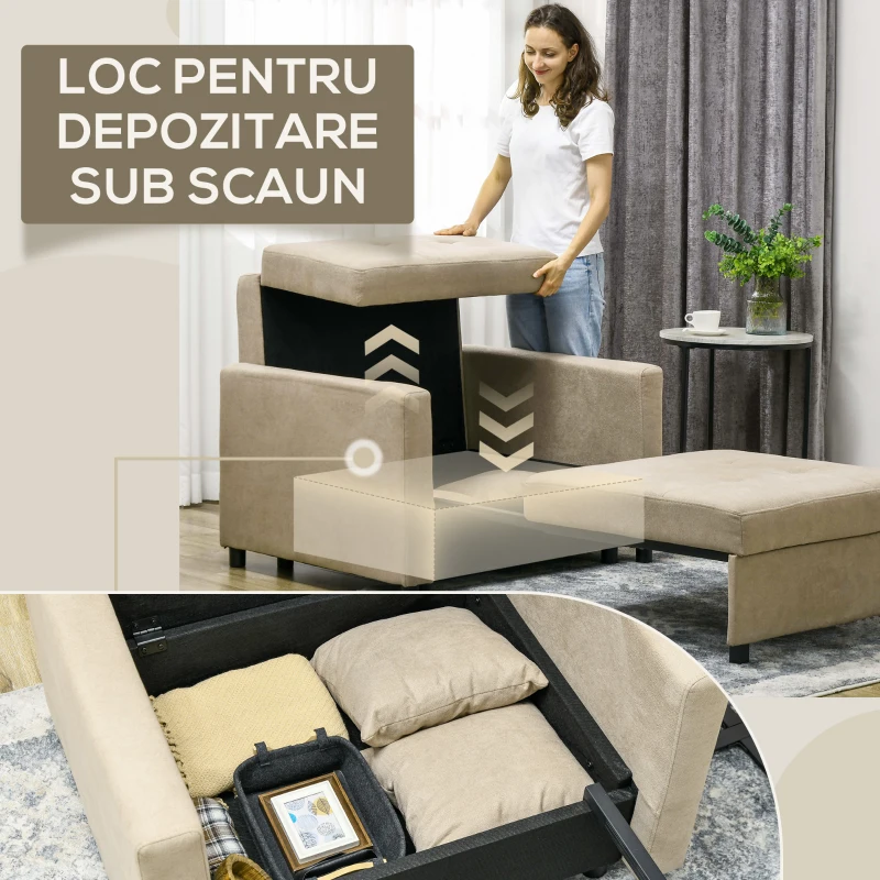 HOMCOM Fotoliu Pat Individual cu 2 Perne și Spațiu de Depozitare, Canapea Extensibilă, 100x98x88 cm, Maro Deschis(m-6)
