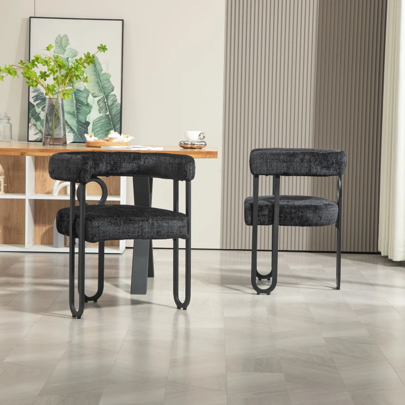 Juego de 2 sillas de comedor de chenilla con respaldo redondo, diseño moderno, Negro