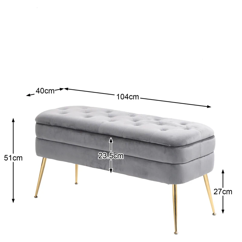 Banc de rangement en velours rembourré, grand espace de rangement, Gris foncé