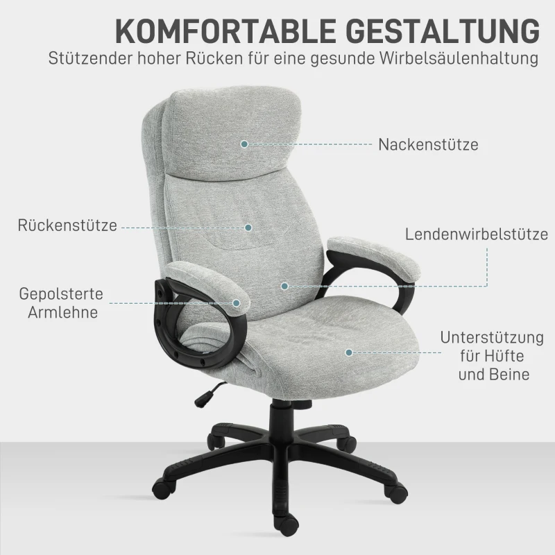 HOMCOM Ergonomische Bureaustoel, Draaibaar, met Kantelfunctie, Hoogteverstelbaar, Lichtgrijs