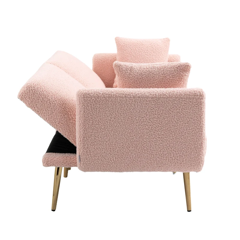 Canapé 3 places en tissu teddy doux, convertible à 3 réglages,la chambre ou les petits espaces, Rose