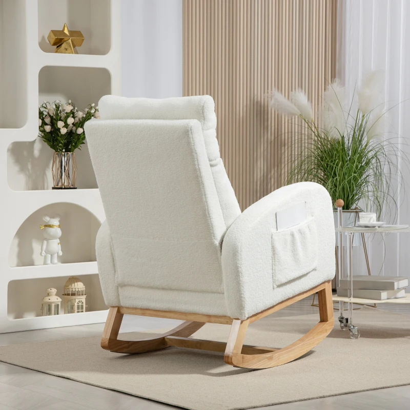 HOMCOM Schommelstoel, Relaxstoel, Dikke Vulling, Knusse Bekleding, Houten Frame, tot 120 kg Draagvermogen, Crèmewit(m-9)
