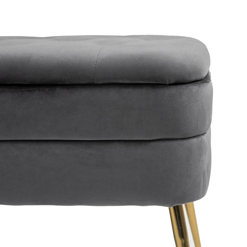 Banc de rangement en velours rembourré, grand espace de rangement, Gris foncé