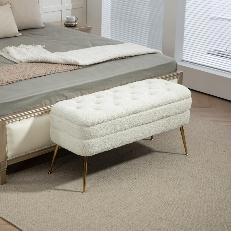 Banquette de rangement 121,5 cm gris aspect polaire pour chambre à coucher