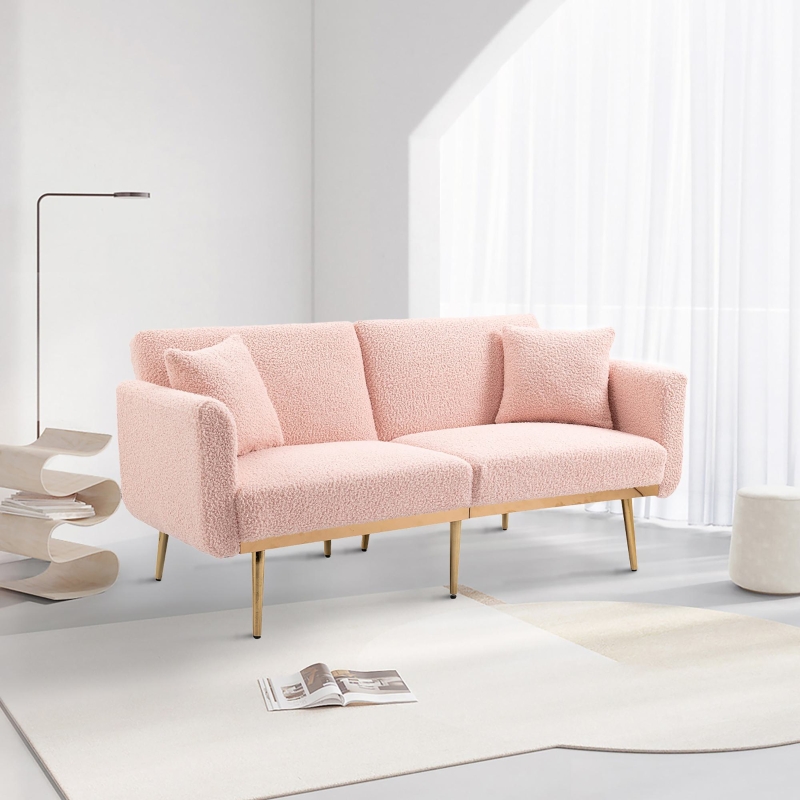 3-Sitzer-Teddystoff-Sofa, verstellbares Schlafsofa, Rosa