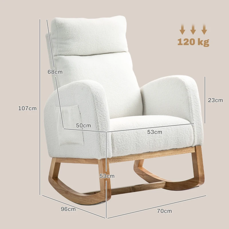 HOMCOM Schommelstoel, Relaxstoel, Dikke Vulling, Knusse Bekleding, Houten Frame, tot 120 kg Draagvermogen, Crèmewit(m-3)