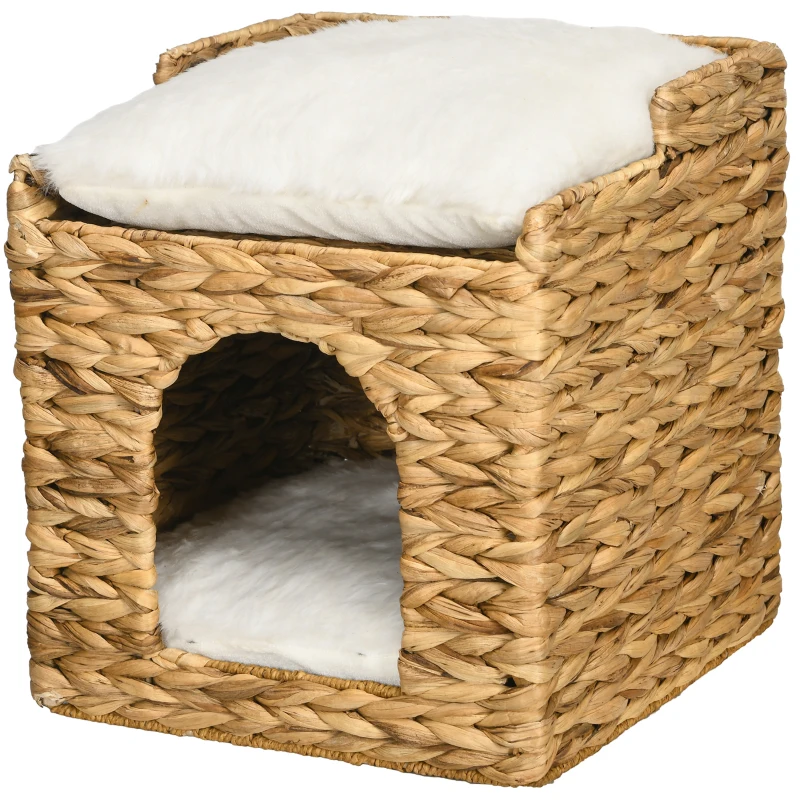 PawHut kattengrot met waterhyacintgras, 2 slaapruimtes, 2 wasbare kussens, naturel + wit