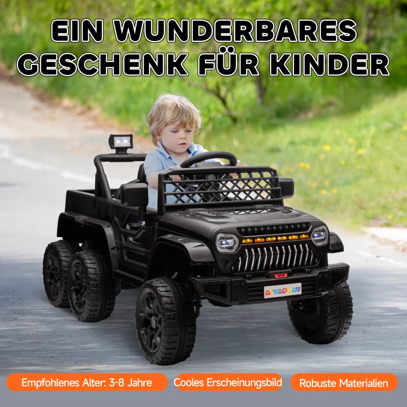 AIYAPLAY 12V Elektrisch Kindervoertuig met Aanhangwagen, LED-verlichting, Muziek en Claxon, voor Kinderen van 3-8 Jaar, Zwart(m-8)