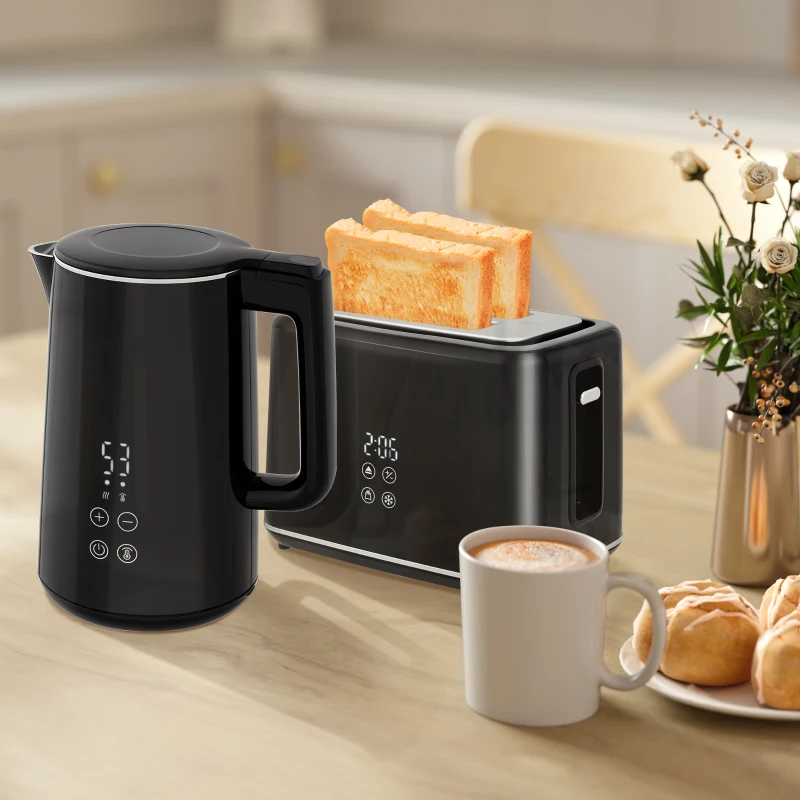 HOMCOM Stainless Steel Kettle and Toaster Set, 1.5L 3000W Fast Boil Kettle with Insulation & 2 Slice Toaster Kitchen Set with 7 Level Browning Controls, Defrost, Reheat and Crumb Tray, Black