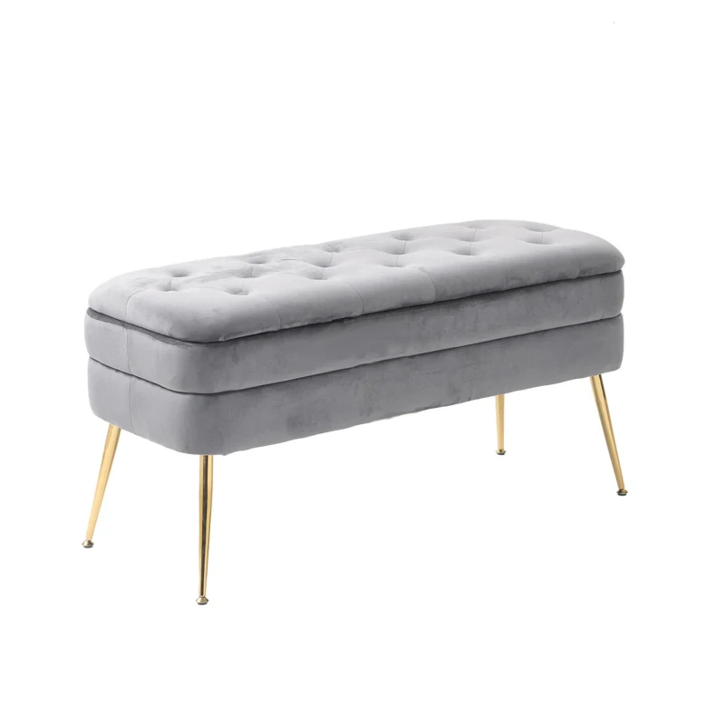Banc de rangement en velours rembourré, grand espace de rangement, Gris foncé