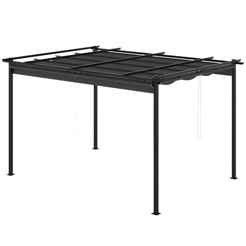 Outsunny Pérgola de Jardim com Teto Retrátil 4 Cortinas Enroláveis de Poliéster e Estrutura de Metal 3,95x2,95 cm Cinza Escuro