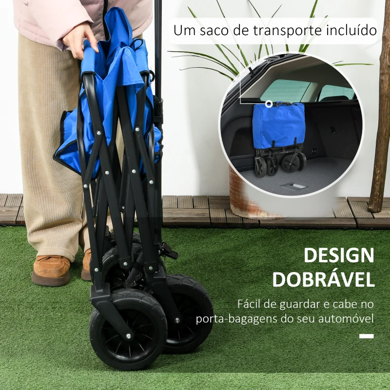 Outsunny Carrinho de Transporte Dobrável com Toldo Removível e Alça Ajustável Capacidade 100 kg para Campismo 97x52x105 cm Azul