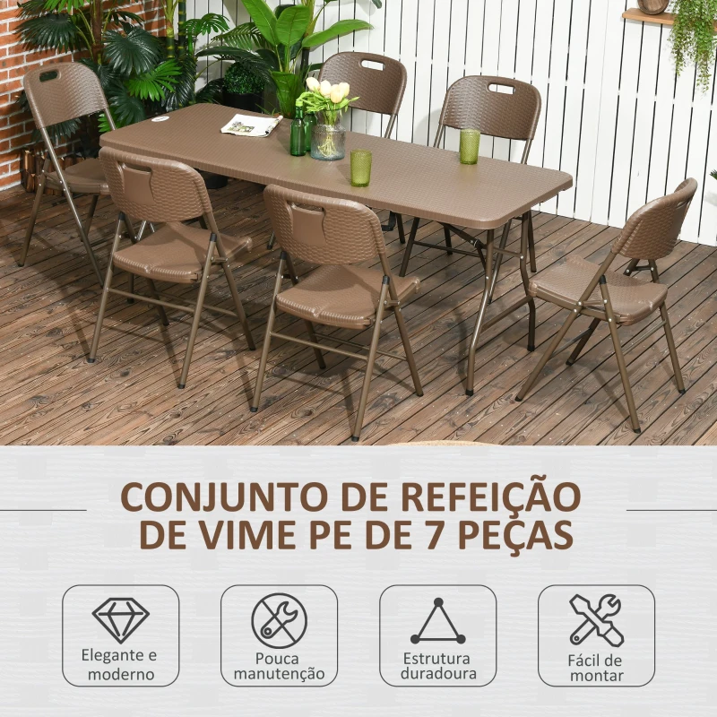 Outsunny Conjunto de Refeição de 7 Peças Dobrável Conjunto de Mesa e 6 Cadeiras de Jardim com Imitação de Vime Marrom