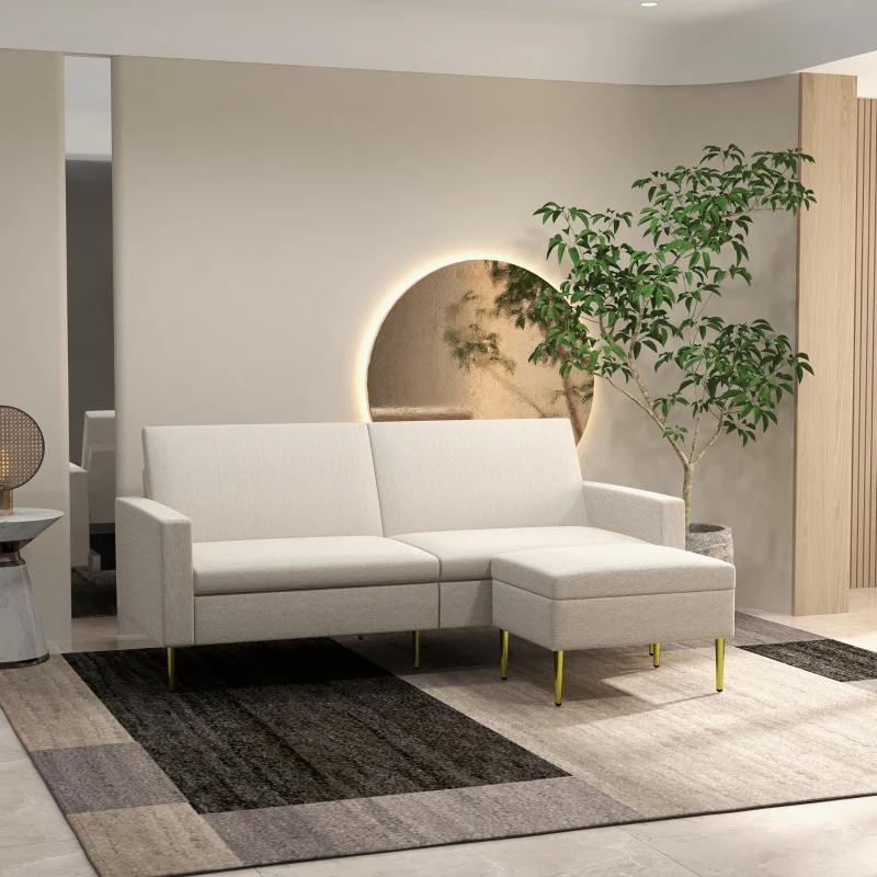 HOMCOM Canapea cu Taburet pentru Picioare, Canapea Extensibila cu 3 Locuri în Formă de L cu Spătar Reglabil, 213x91x83 cm, Crem(m-2)