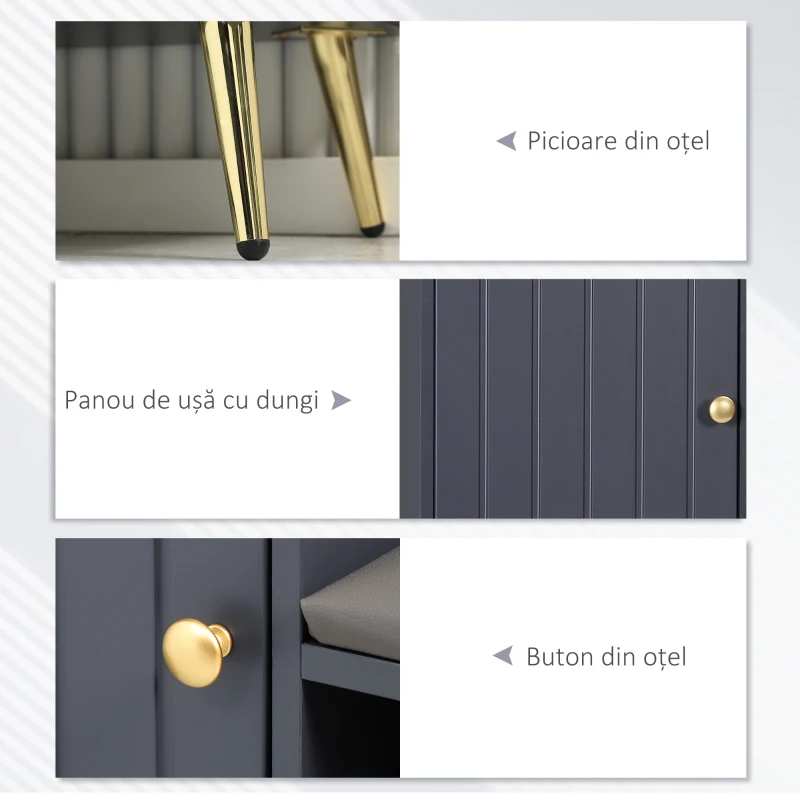 HOMCOM Dulap de pantofi de intrare cu scaun captusit, raft deschis si dulap, pentru 4 perechi de pantofi, lemn si metal, 80x33x49cm, gri