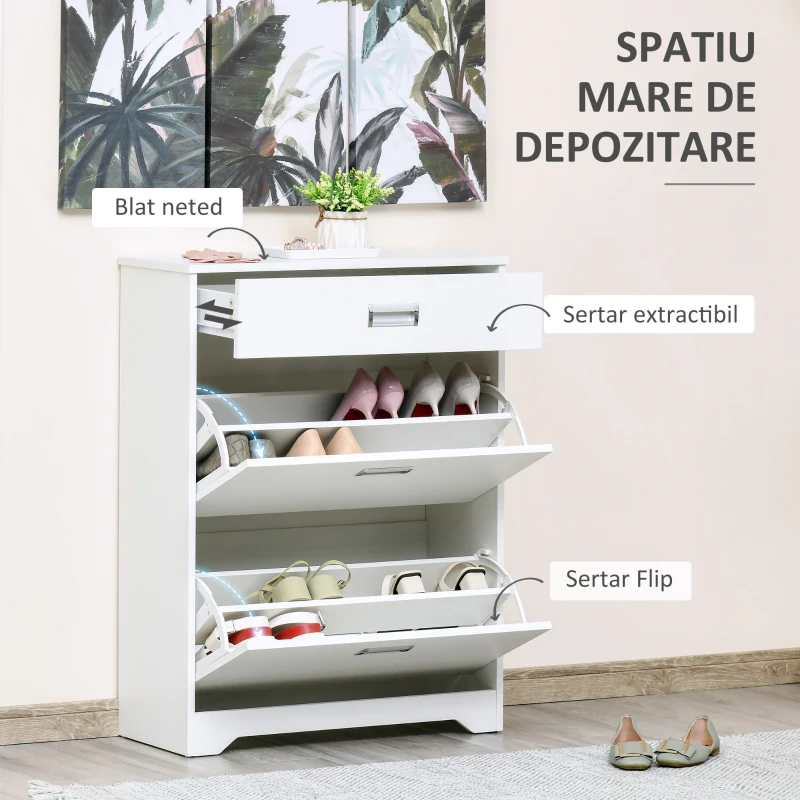 HOMCOM Suport de Pantofi Modern 2 Sertare pentru 16 Perechi de Pantofi si Sertar Mic 98x24x83cm(m-4)