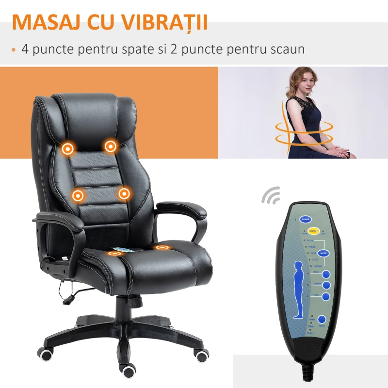 Vinsetto Fotoliu de Birou cu Functie de Masaj Ergonomic si Dirigential din Piele Ecologica Neagra
