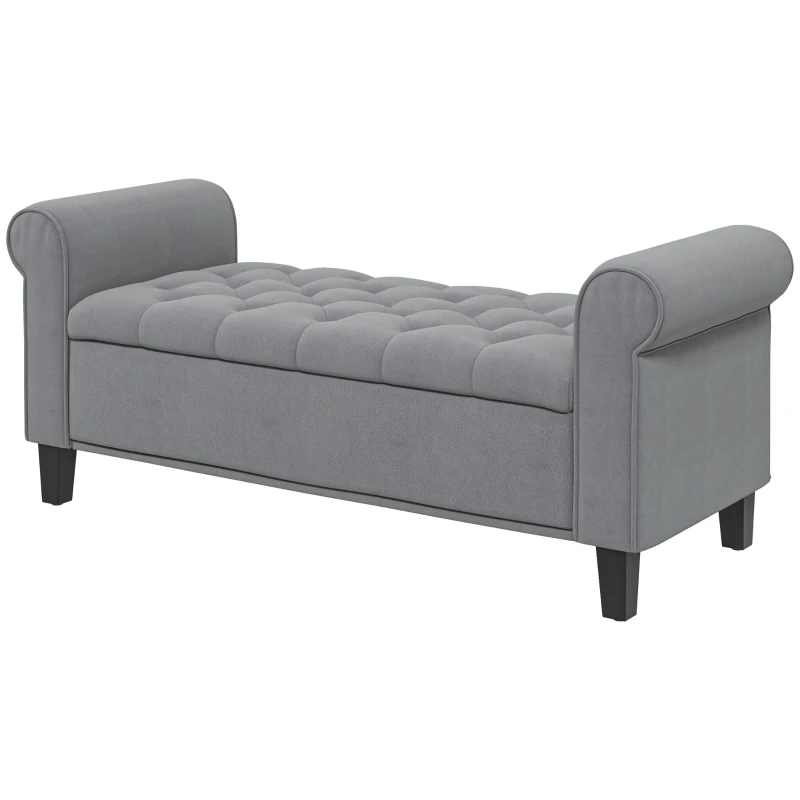 HOMCOM Banca pentru Capul Patului din Material Efect Catifea cu Spatiu de Depozitare si Cotiere Rulate , 126x48.5x57 cm, Gri(m-10)