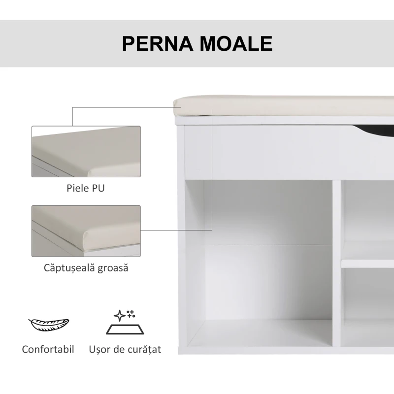 Homcom Banca Pantofi Alba 80×30×47 cm – Cu Sertar & sezut Rabatabil