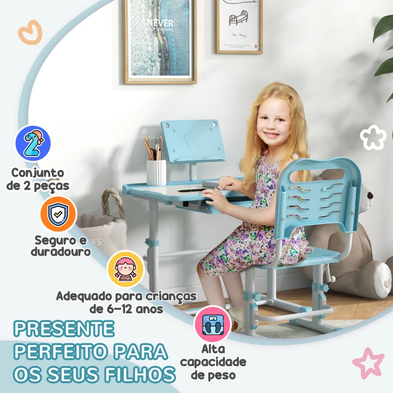 ZONEKIZ Conjunto de Secretária e Cadeira para Crianças com Altura Ajustável e Ângulo da Mesa Ajustável 80x49,5x82-104 cm Azul