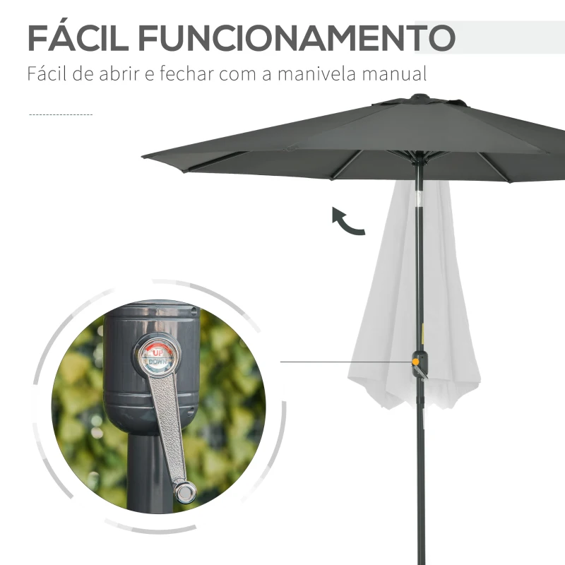 Outsunny Chapéu de Sol Ø264x253cm com Proteção UV+50 Chapéu de Sol de Alumínio Inclinável com Manivela para Terraço Balcão Exterior Cinza