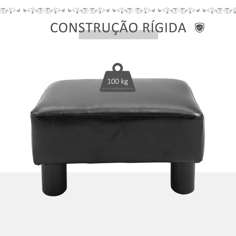 HOMCOM Apoio para os Pés Octomano Banco Pequeno Estofado em Pele Sintética com Assento Acolchoado e Pés de Plástico 40x30x24 cm Preto
