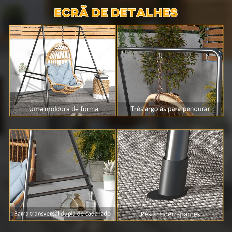 Outsunny Suporte para Cadeira Suspensa 130 cm Suporte para Baloiço com Estrutura em Aço Capacidade 150 kg para Pátio Jardim Preto