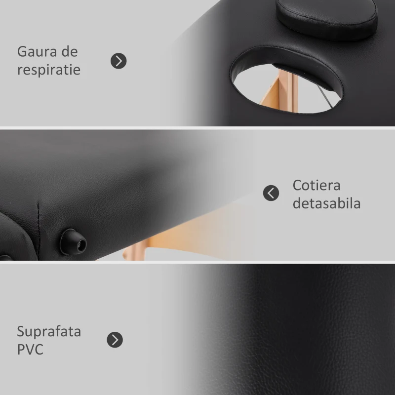 HOMCOM Masă pentru Masaj Portabilă cu Înălțime Reglabilă, Pernă Detașabilă, Mâner și Geantă, 186x60x58-81 cm, Negru