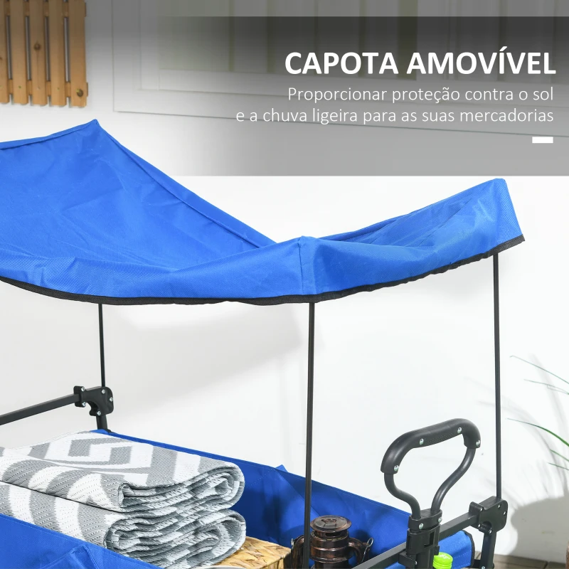Outsunny Carrinho de Transporte Dobrável com Toldo Removível e Alça Ajustável Capacidade 100 kg para Campismo 97x52x105 cm Azul