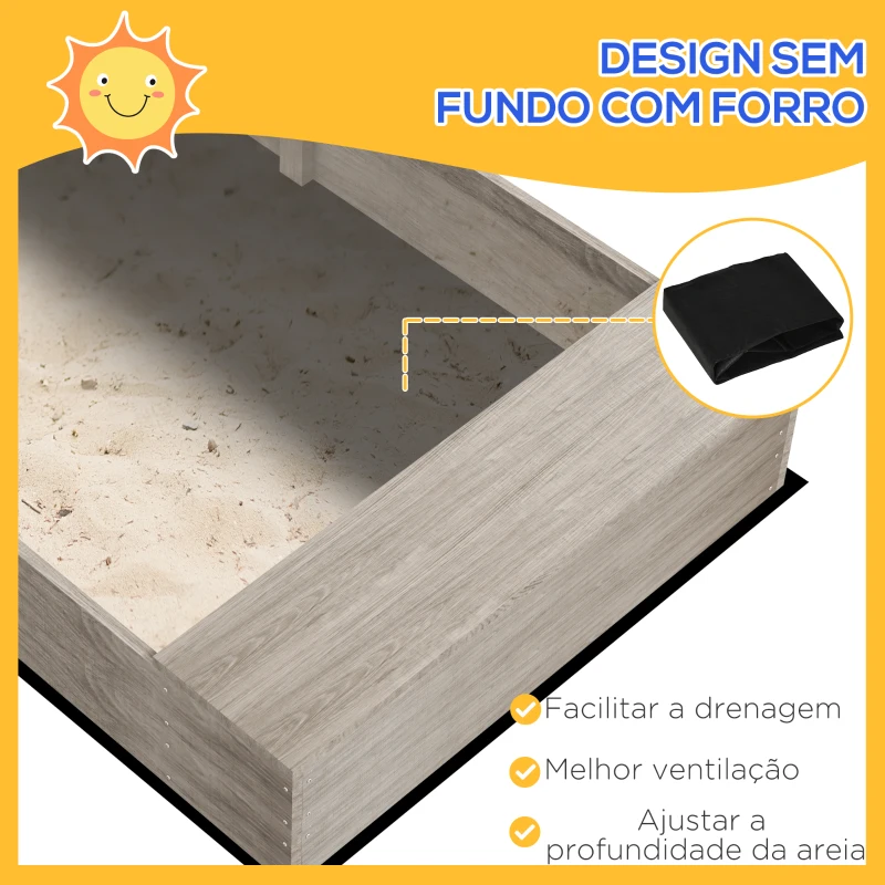 Outsunny Caixa de Areia para Crianças de Madeira com 2 Assentos e Brinquedos de Cozinha para Pátio Jardim 154x80x60 cm Cinza