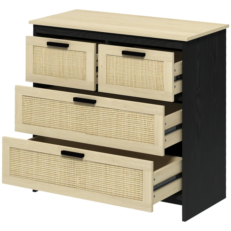 HOMCOM Comoda cu 4 Sertare din PAL si Ratan pentru Sufragerie si Dormitor, 80x38x80 cm, Negru si Lemn Natur