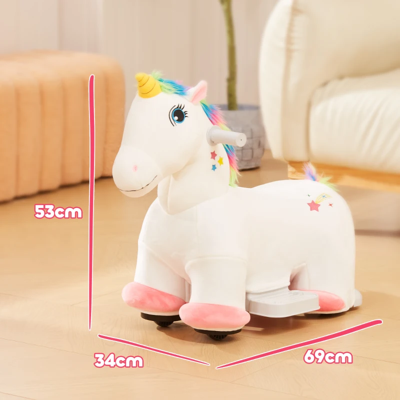 AIYAPLAY Unicornio Eléctrico para Niños de 18 a 36 Meses con Batería 6V y Música Carga 25 kg 69x34x53 cm Blanco