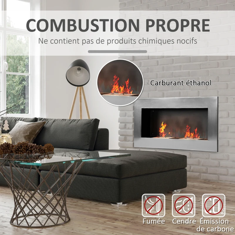 HOMCOM Cheminée bioéthanol Murale encastrable brûleur 2 x 0,9 L, environ 3 h de durée de combustion 110L x 14l x 54H cm Couverture 25-30 m² Acier inox