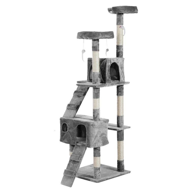 PawHut Arbre à chat griffoir grattoir double niche peluche sisal naturel hauteur 170 cm gris