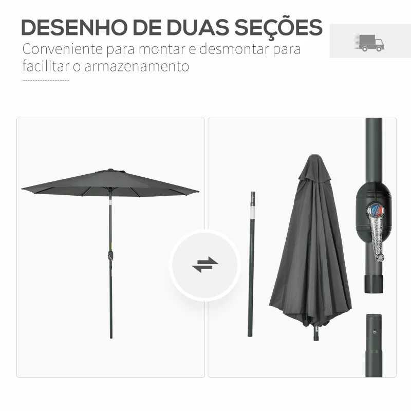 Outsunny Chapéu de Sol Ø264x253cm com Proteção UV+50 Chapéu de Sol de Alumínio Inclinável com Manivela para Terraço Balcão Exterior Cinza