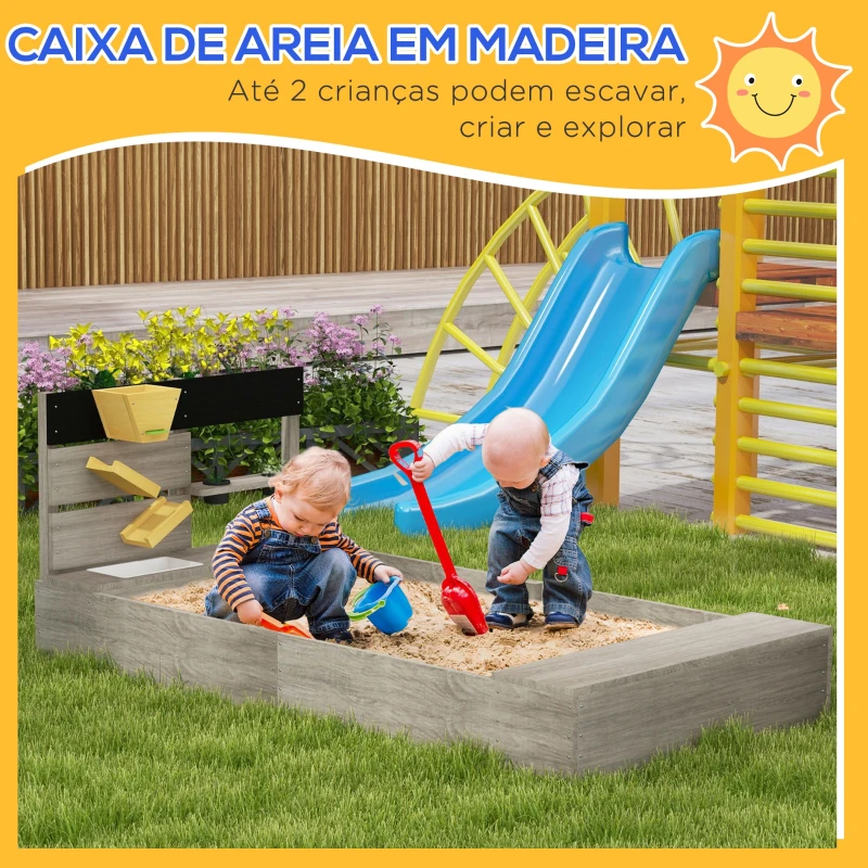 Outsunny Caixa de Areia para Crianças de Madeira com 2 Assentos e Brinquedos de Cozinha para Pátio Jardim 154x80x60 cm Cinza