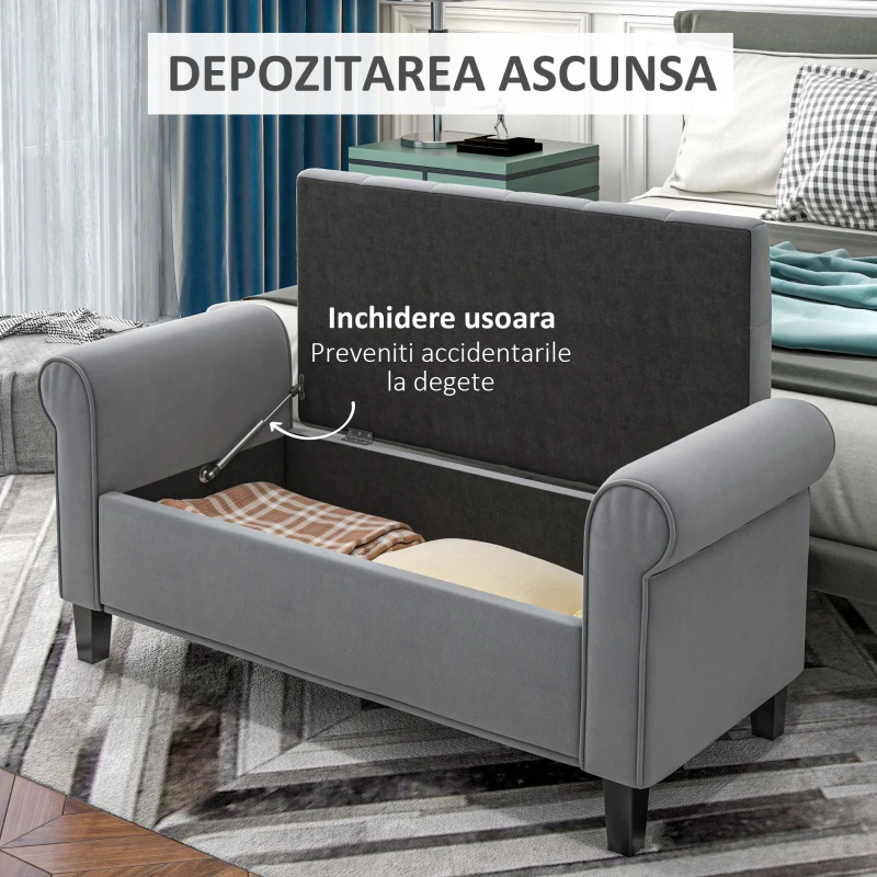HOMCOM Banca pentru Capul Patului din Material Efect Catifea cu Spatiu de Depozitare si Cotiere Rulate , 126x48.5x57 cm, Gri(m-4)
