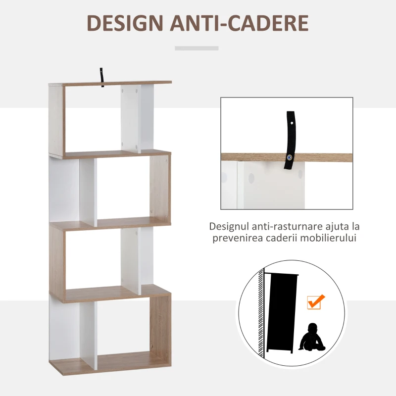 HOMCOM Librarie de Design Modern 4 rafturi Lemn Natural si Alb, 60x24x148cm