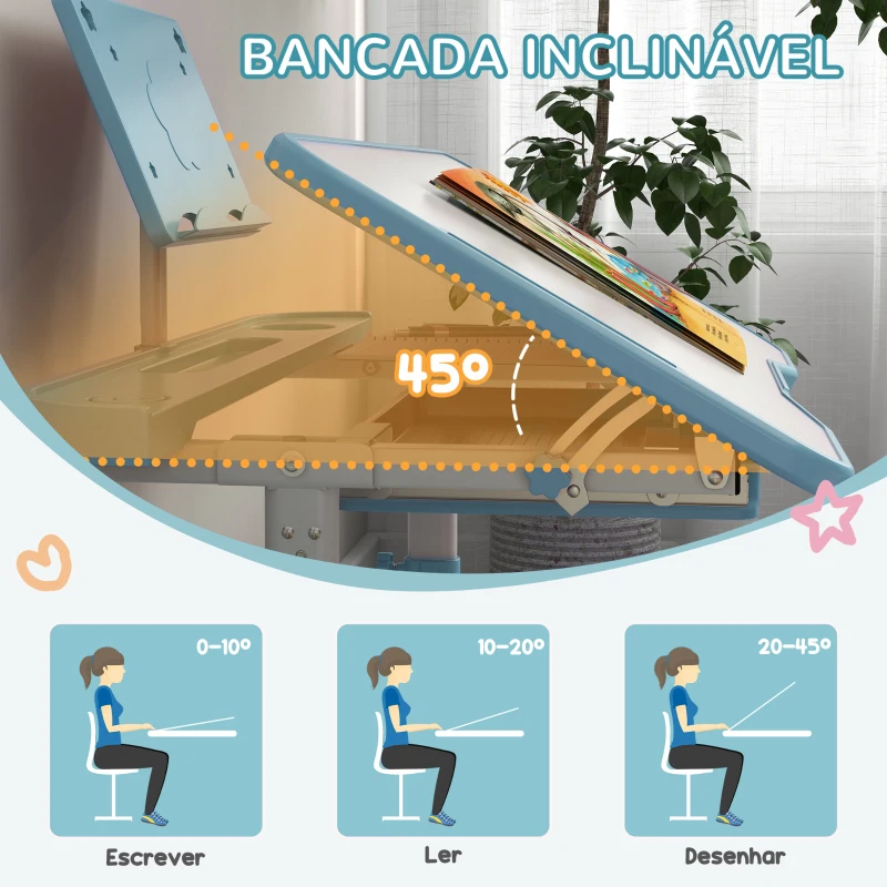 ZONEKIZ Conjunto de Secretária e Cadeira para Crianças com Altura Ajustável e Ângulo da Mesa Ajustável 80x49,5x82-104 cm Azul
